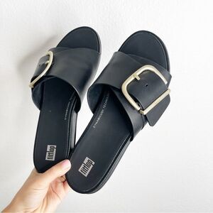FitFlop Gracie Leather Slides Black Gold Buckle Slip On Size 8